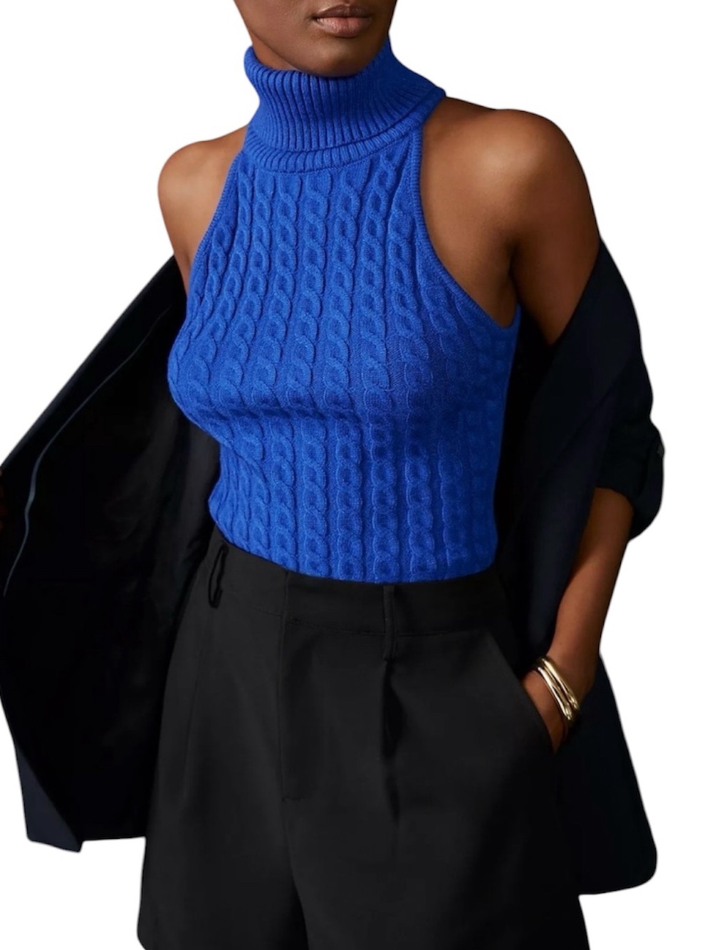 Anthropologie Cable Knit Sleeveless Turtleneck Royal Blue Sweater Tank L